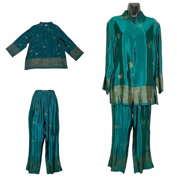 CHAMPAGNE Collections by All That Glitter Teal & Gold Embroidered Pajama Set - Picture 1 of 15